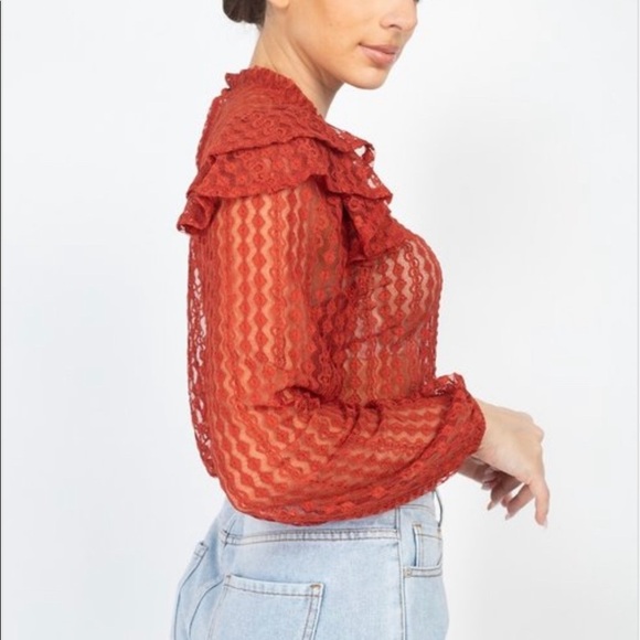 New Trendy Brick Color Sheer Crochet Mock Neck Long Sleeve Blouse - Picture 3 of 17